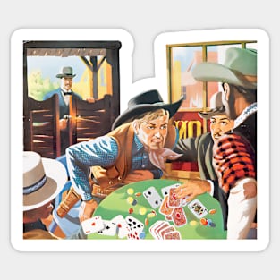 Poker Game Interrupted In The Tavern Western Cowboy Retro Comic Sticker